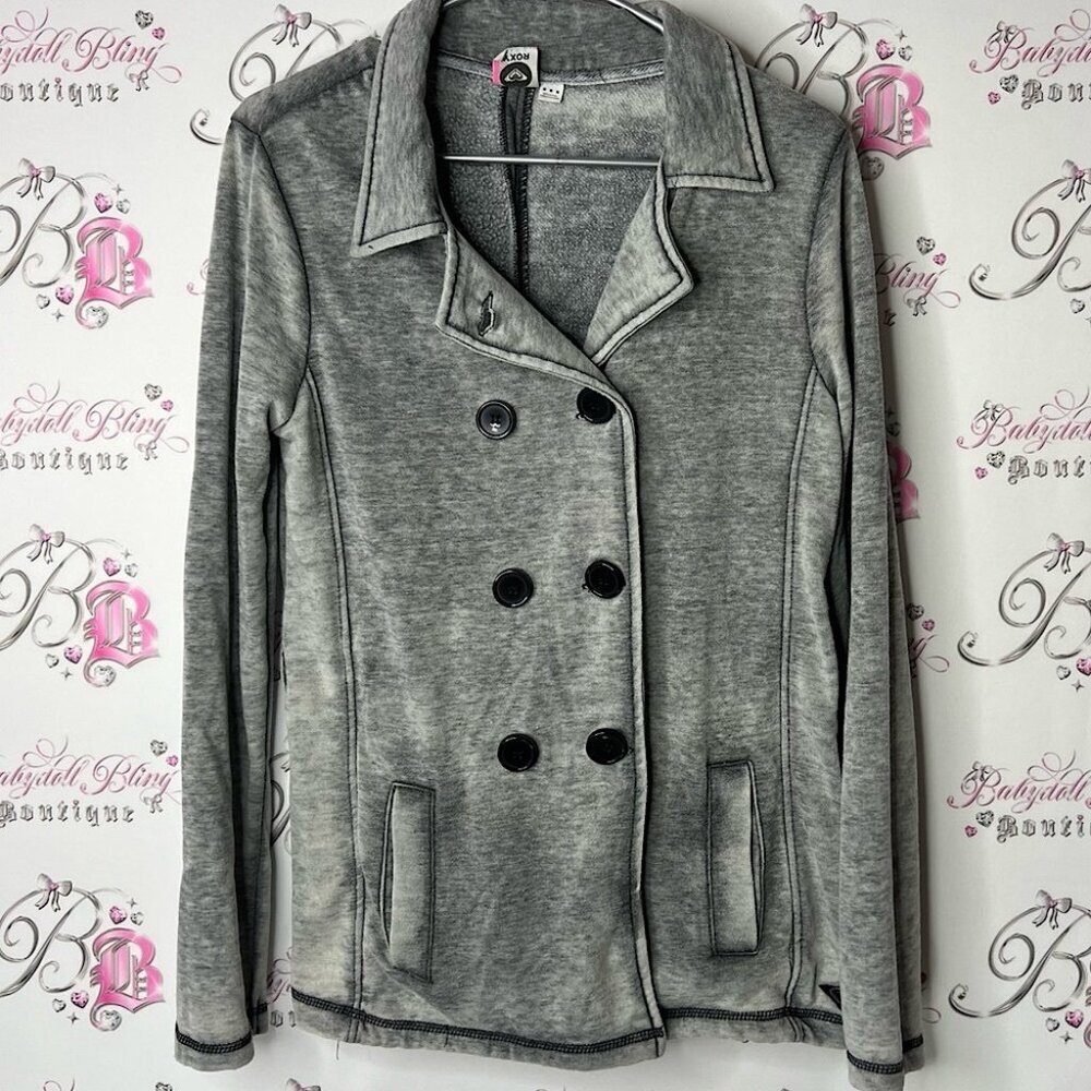 Roxy coat jacket sweater cardigan grey distressed  Double-Breasted Pea Coat